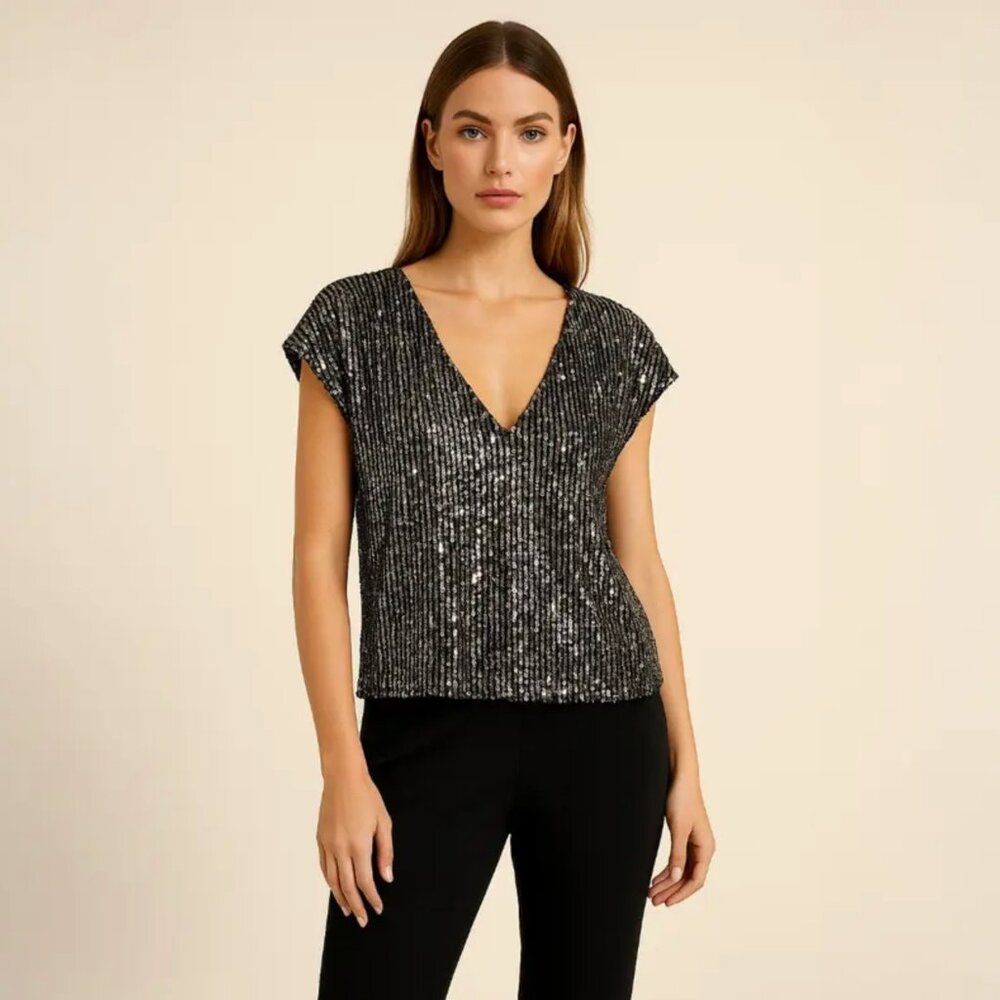 CeCe Sequin Short Sleeve Top in Sheer Black and Silver